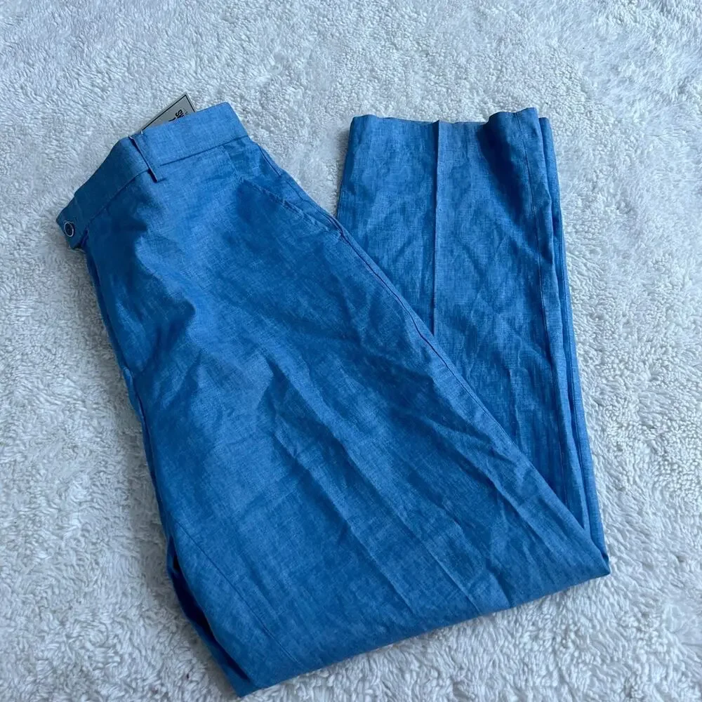Stacy Adams Mens Blue Linen Derby Trousers Pants 36x32 Preppy Resort Summer